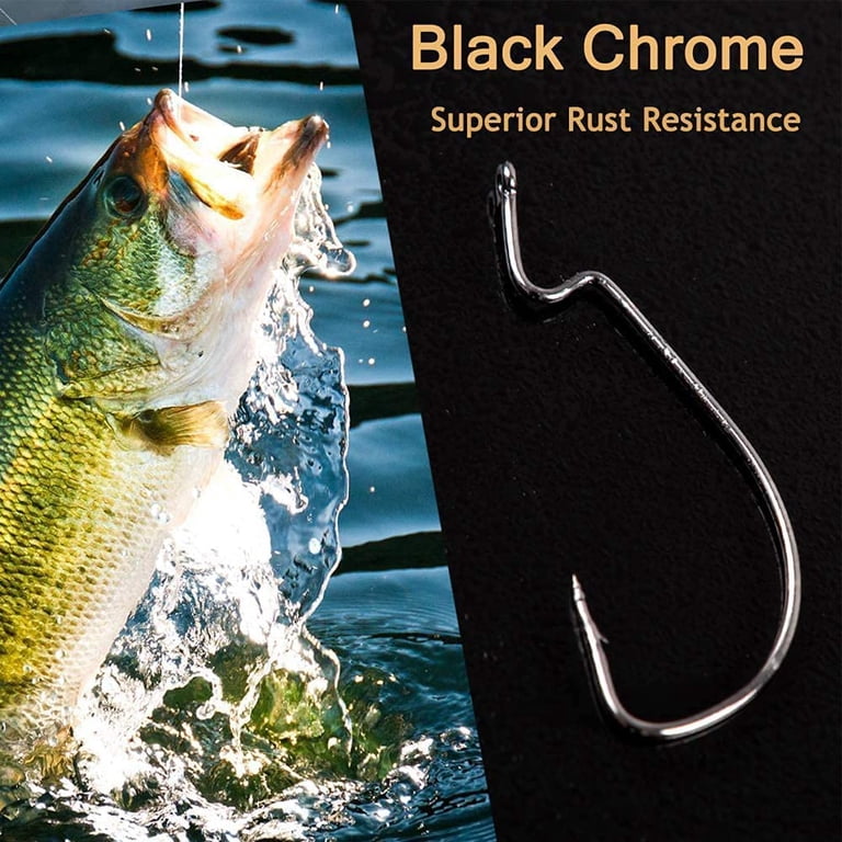 Bass Fishing Worm Hooks Set - 50pcs 3X Strong Offset Wide Gap Hooks, High Carbon Steel, Sizes 1/0 To 5/0