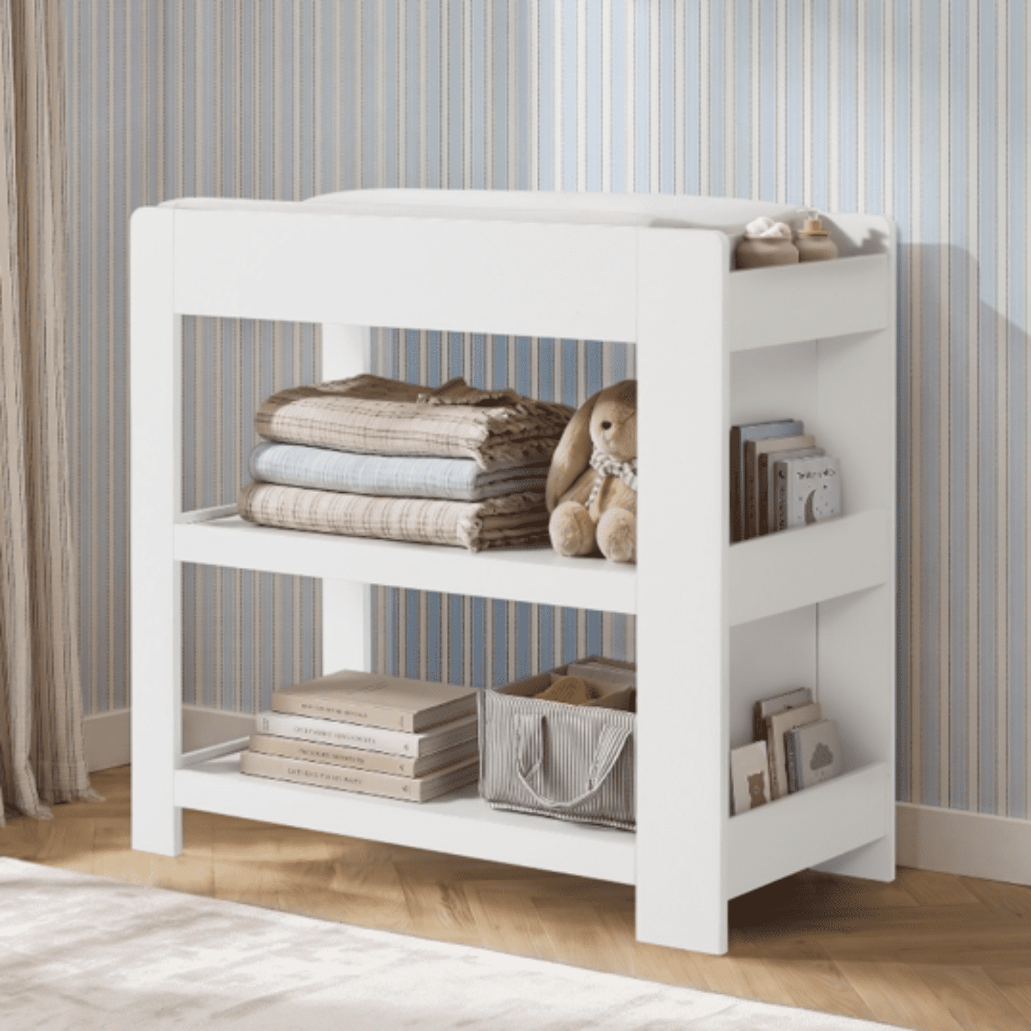 Delta Children Emmie Changing Table with Bookcase Storage, Bianca White
