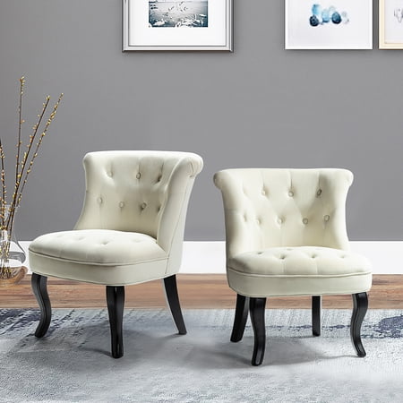 Velvet Accent Side Chair with Tufted Back Set of 2 in Ivory