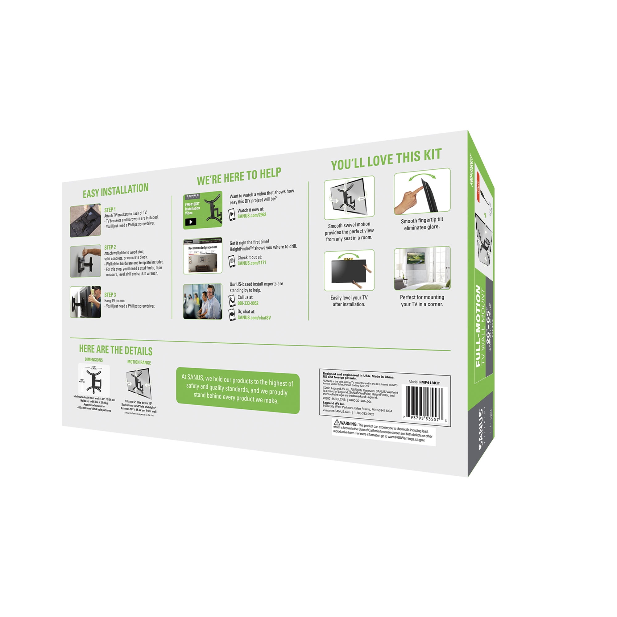 Sanus Vuepoint FMF418KIT Full-Motion TV Mount for 32"-55" TVs Comes with 9.8' 4K HDMI Cable