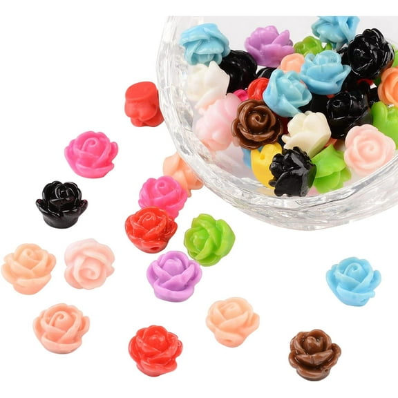 50 pc 50 Pcs Opaque Resin Flower Beads 9×7mm Flatback Floral Charms Rose Beads with 1mm Hole for Jewelry Making Scrapbooking Embellishments