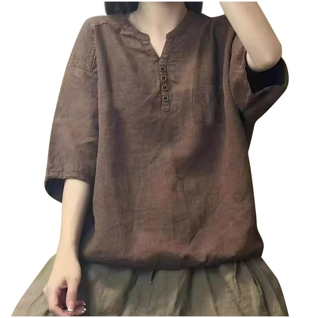 Timegard Hauts d'Été pour Femmes Col Montant Boutons Ample Léger Décontracté Manches Courtes Blouse