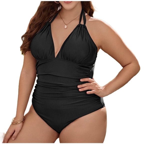 Enjoytime Plus Size Swimsuit for Women Solid Color Tummy Control Halter Tie Bathing Suit Adjustable One Piece Swimwear