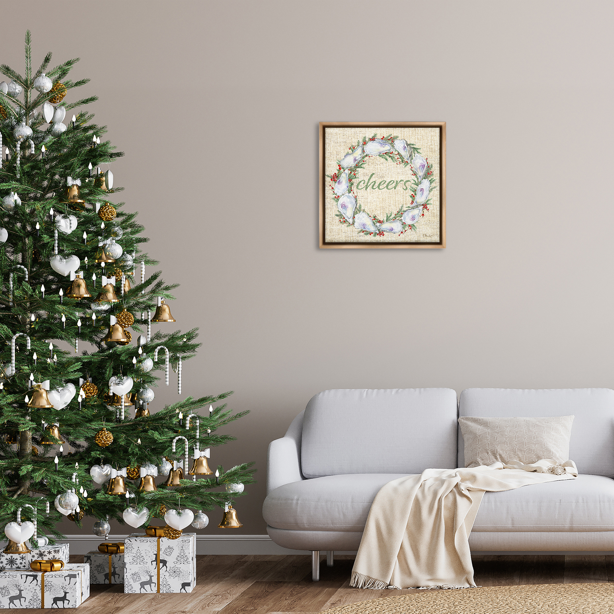 Stupell Industries Shells & Holly Wreath Holiday Painting Brown Floater Framed Canvas Art Print Wall Art, 25 x 25