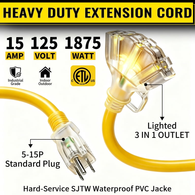 ZAZFO 25 Ft 12 AWG Extension Cord, 3-Outlet, Weatherproof photo 2