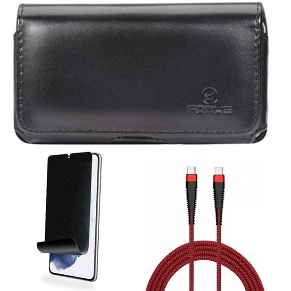 For Samsung Galaxy S21 (6.2") - Swivel Leather Case Belt Clip   [Fingerprint Works] TPU Film Privacy Screen Protector   Charger Cord Type-C to USB-C 10ft PD Cable