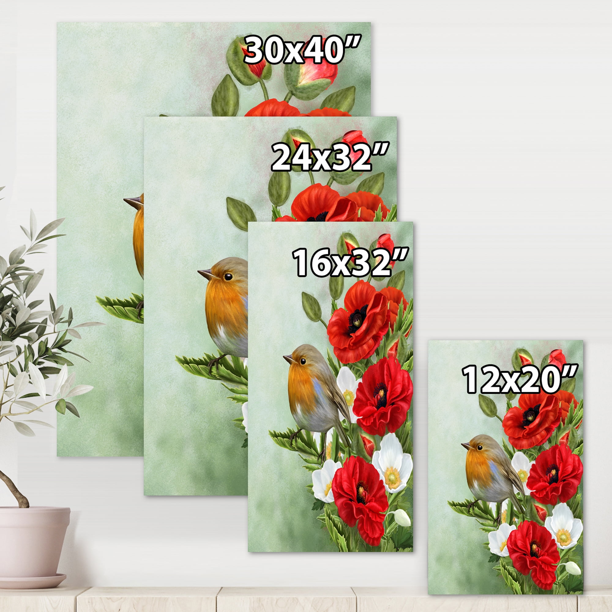 Designart ' Red Poppies and White Anemones With Yellow Bird ' Traditional Canvas Wall Art Print