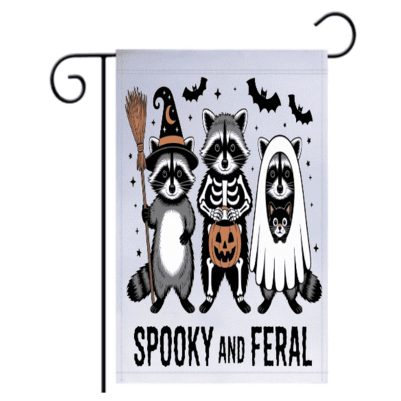 Spooky and Feral Halloween Garden Flag 12x18 Inch Outdoor Yard Decor with Raccoons