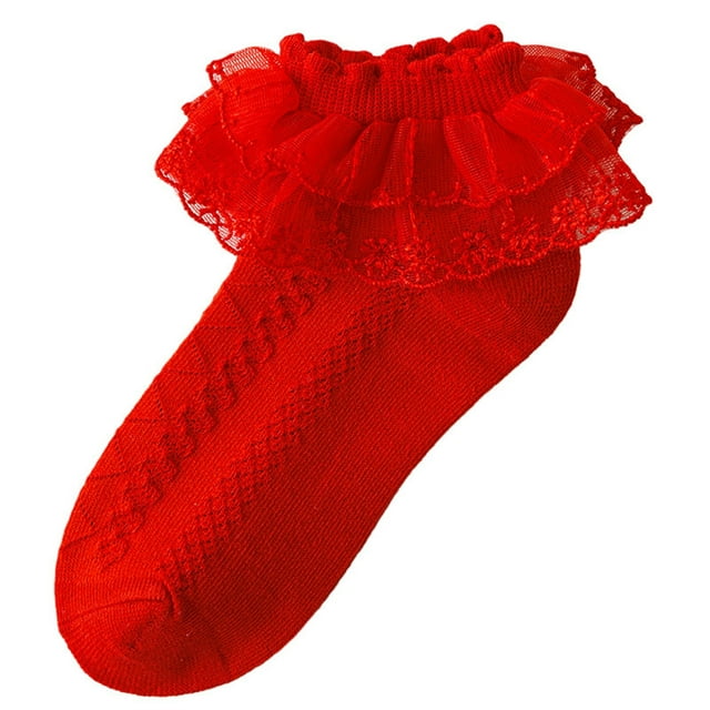 Penkiiy Thin Solid Color Double-layer Lace Lace Cotton Socks For Girls Princess Socks Children's Dance Socks 1 -13 Years Red
