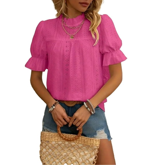 ZOELNIC Womens Tops Summer Loose Crew Neck Eyelet T-Shirts Dressy Casual Ruffle Sleeve Tunic Blouses, S