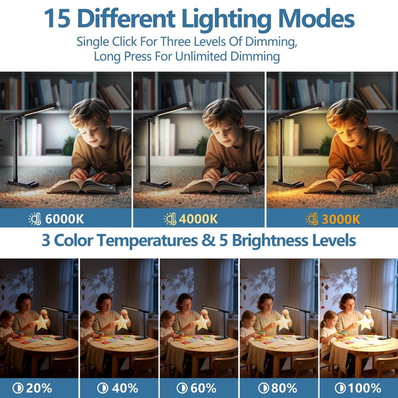 TICOZE LED Desk Lamp 360° Adjustable with USB Charging Port, 5 Light Modes and Dimmable Brightness Touch Control, Space-Saving Bedside Lamp for Reading, Craft, Work and Study (Black)
