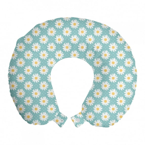 Spring Travel Pillow Neck Rest, Daisy Blossoms Blowing Pattern on Polka Dots Shabby Flowering Season Love, Memory Foam Traveling Accessory Airplane and Car, 12", Turquoise and White, by Ambesonne