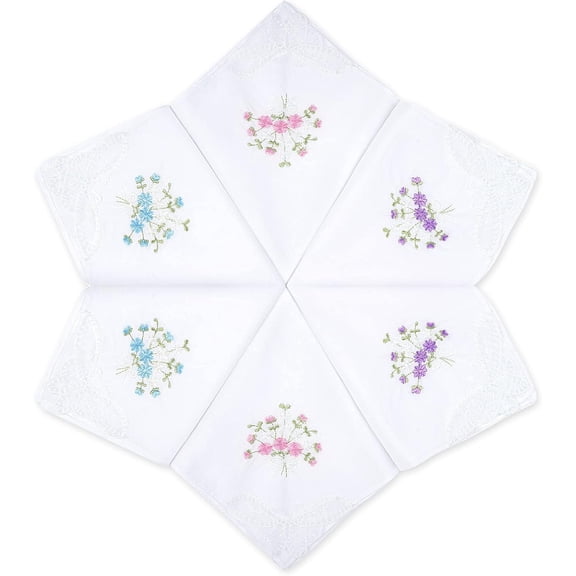 Cotton Handkerchiefs for Women Flower Embroidered with Lace 6 Pcs