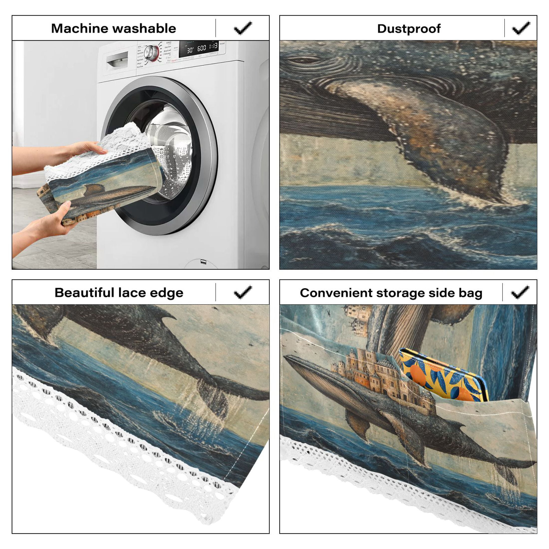 Whale CastleWasher and Dryer Covers Dust-Proof and Oil Resistant Fridge Cover with 4 Storage Pockets Washing Machine Top Cover for Laundry Kitchen Home 51.2 x 22 In