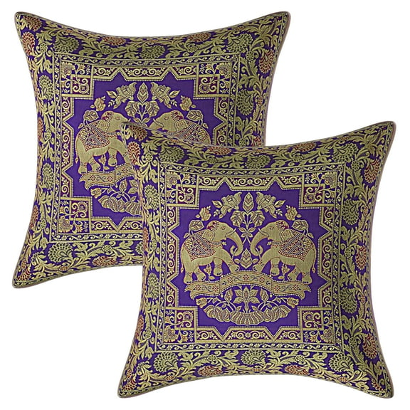 Stylo Culture Indian Zippered Brocade Purple And Gold Throw Pillow Covers 16x16 Jacquard Weave Banarasi Holiday Pillow Covers Elephant Floral 40x40 cm Decorative Cushion Covers (Set Of 2)