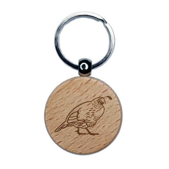 Plump California Quail Round Keychain Charm Tag - Engraved Wood