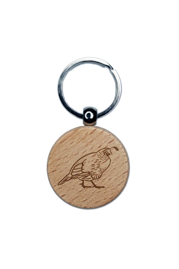 Plump California Quail Round Keychain Charm Tag - Engraved Wood