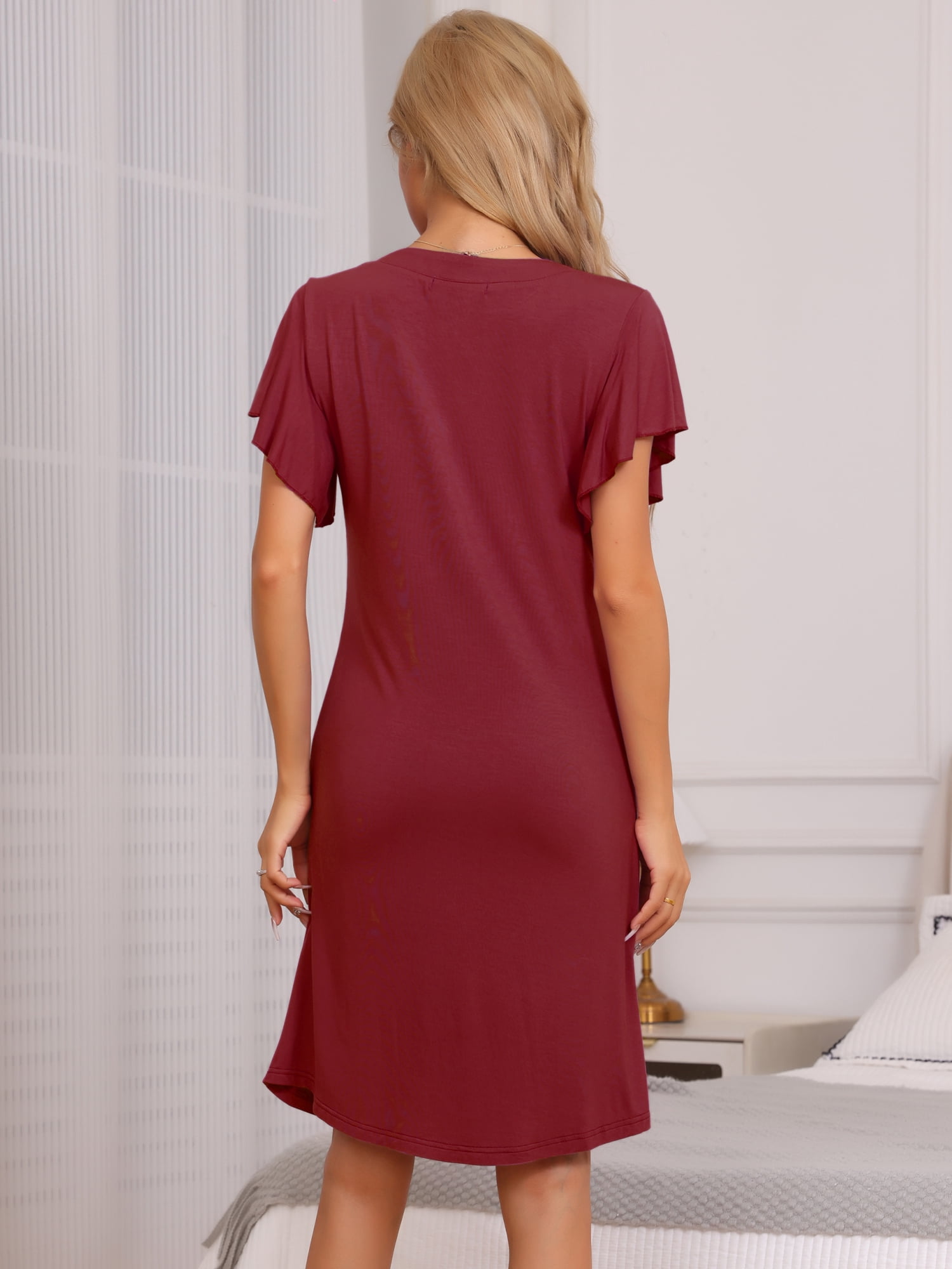 DARING DIVA Women's V-Neck Ruffle Short Sleeve Nightgowns S Red