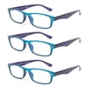 EYE ZOOM 3 Pack Retro Rectangular Plastic Frame Blue Light Blocking and Anti UV Reading Glasses, Blue, +2.00
