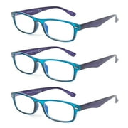 EYE ZOOM 3 Pack Retro Rectangular Plastic Frame Blue Light Blocking and Anti UV Reading Glasses, Blue, +2.00