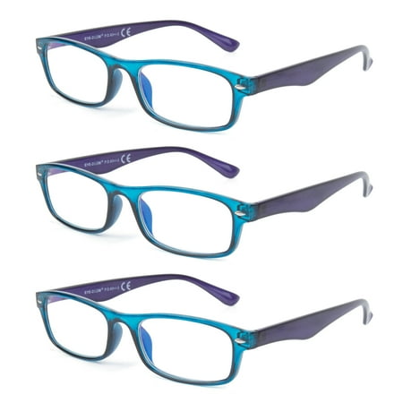 EYE ZOOM 3 Pack Retro Rectangular Plastic Frame Blue Light Blocking and Anti UV Reading Glasses, Blue, +2.00