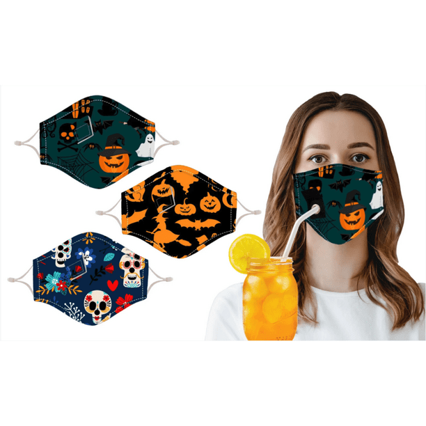 Halloween Themed Reusable Face Mask with Drinking Straw Hole (3Pack