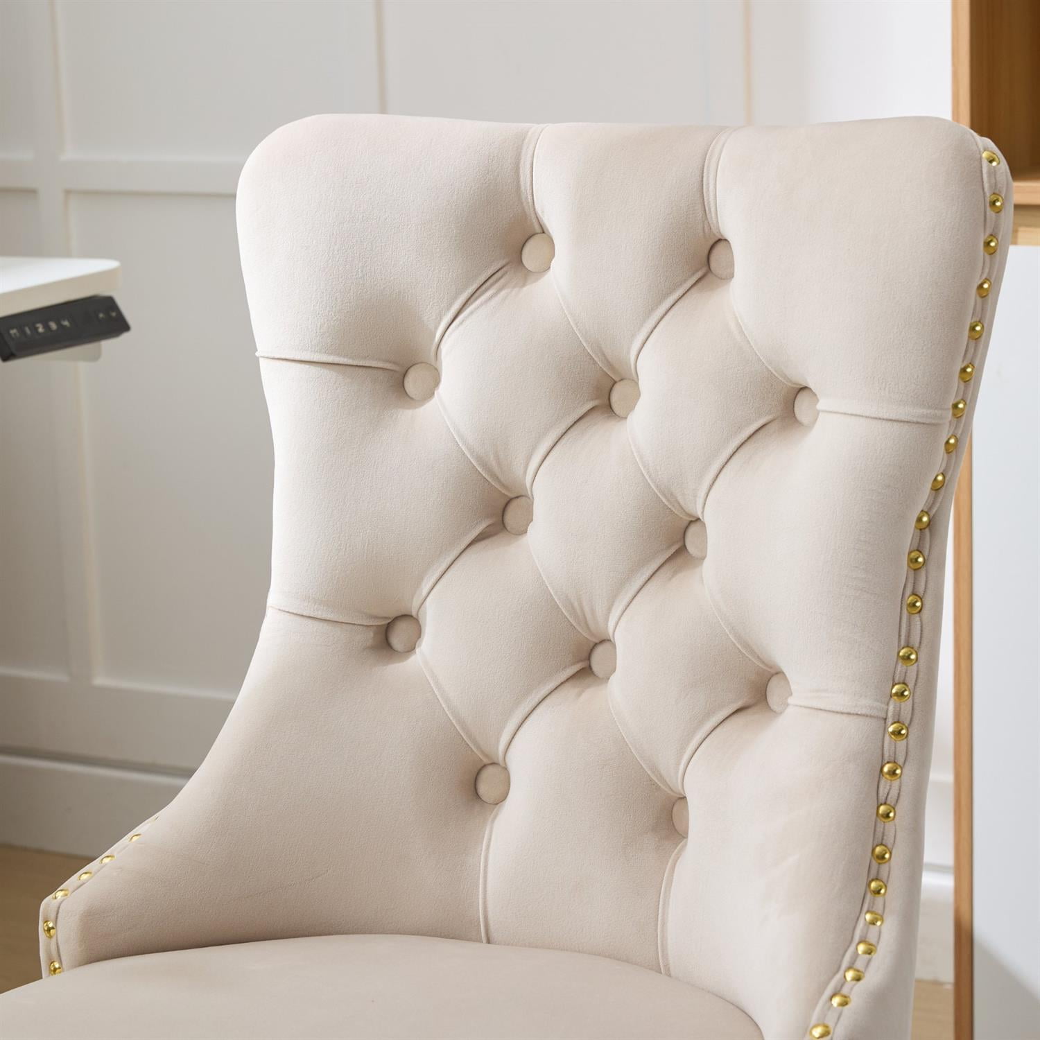 Demi Bonn 38" Tufted Button Velvet Upholstered Desk Chair with Adjustable Swivel, Metal Base for Home Office, Study, Beige