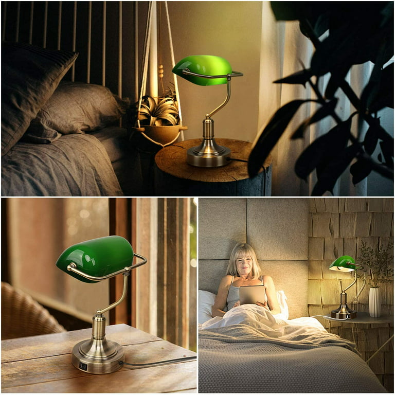 Green Glass Banker's Lamp with 2 Fast USB Charging Ports, 3 Way Dimmable  Desk Lamp, Touch Control Vintage Table Lamp for Workplaces, Library,  Bedroom, Piano Style Lamp 