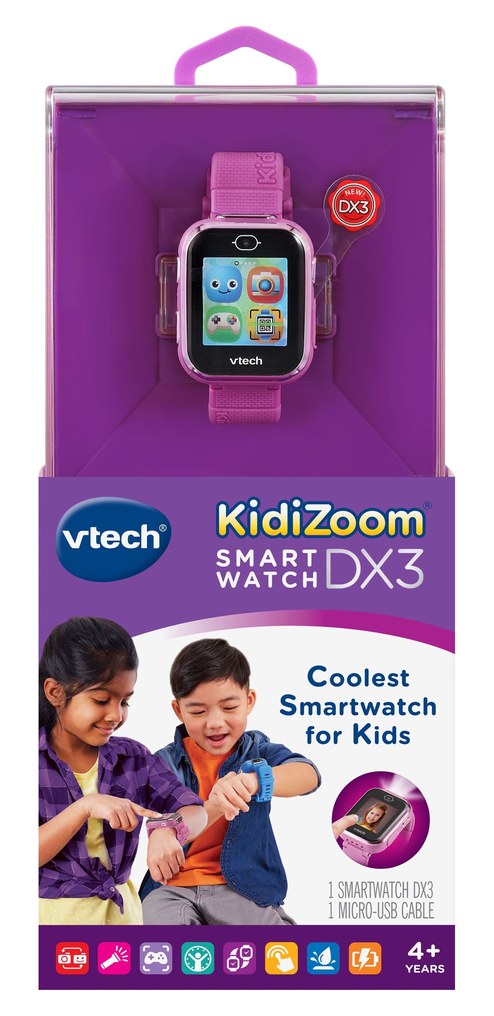 VTech KidiZoom Smartwatch DX3 avec deux appareils photo, lumière à DEL et  flash, jumelage sécurisé des montres, effets photo et vidéo, jeux, batterie  rechargeable intégrée, enfants de 4 ans+ 4+ Ans 