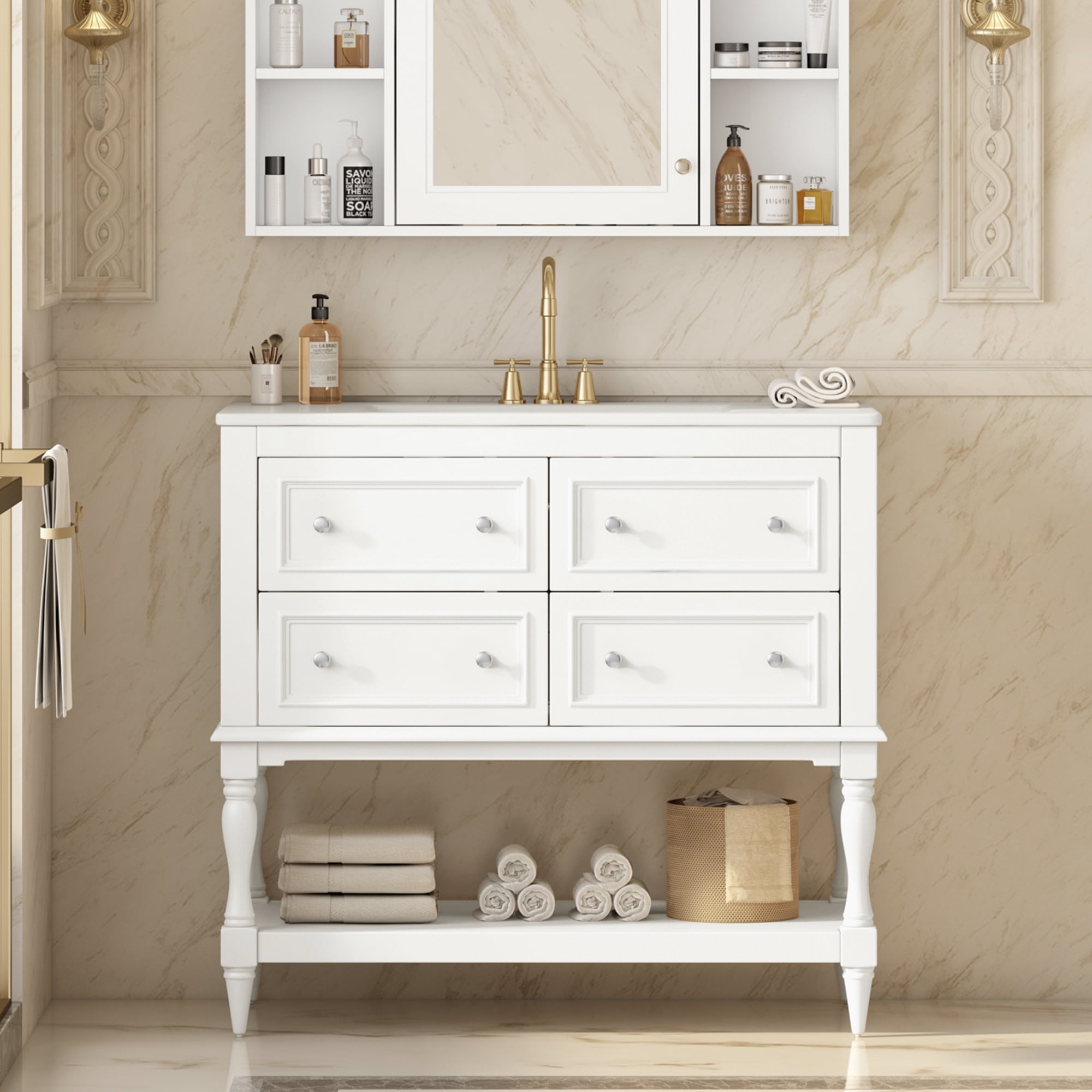 Euroco 36" Bathroom Vanity Cabinet with Sink Combo Set, Undermount Ceramic Sink, Free Standing Vanity Set with 4 Drawers, Solid Wood Frame Bathroom Cabinet, White