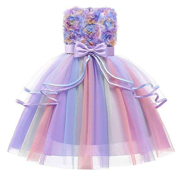 Odeerbi Toddler Girls Rainbow Tulle Princess Dress Bowknot Strapless Tiered Gowns New Pattern Mesh Gauze Evening Dress Formal Dresses Purple
