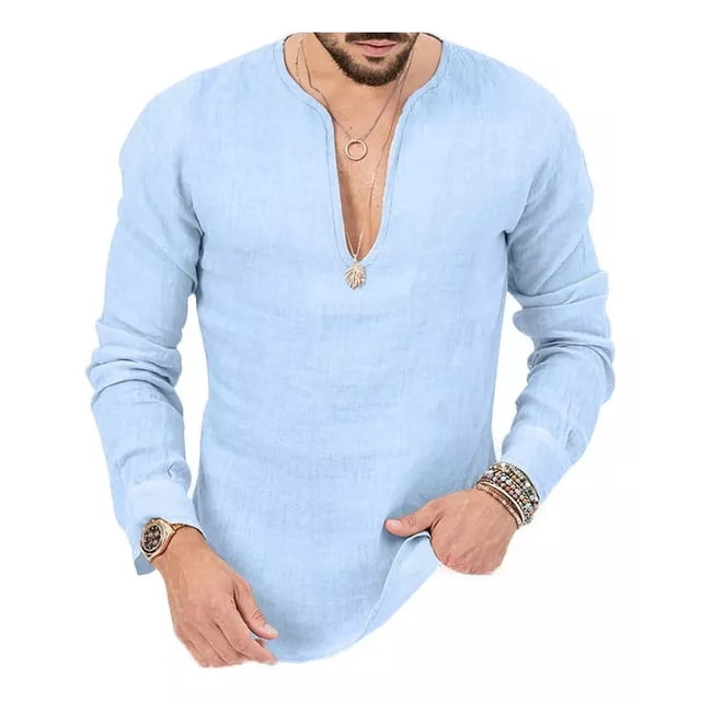 Camisa De Manga Larga De Lino Con Cuello En V Profundo De Co