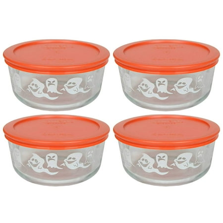 Pumpkin Plastic Bowl - (4) 7201 4 Cup White Ghost Glass Bowls & (4) 7201-PC Pumpkin Orange Plastic Lids, Genuine Pyrex Replacement Lids and Bowls By Pyrex
