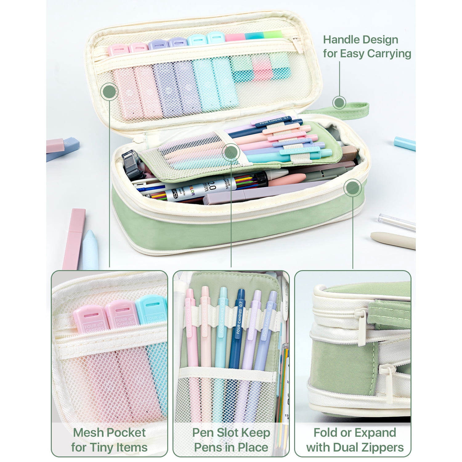 Four Candies 56 PCS Aesthetic Supplies with Pencil Case, 6 Multicolor Pen, 12 Pastel Highlighters, 5 Gel Pens Black Ink, 9 Mechanical Pencils for  Stationary Set Preppy Stuff (Green)