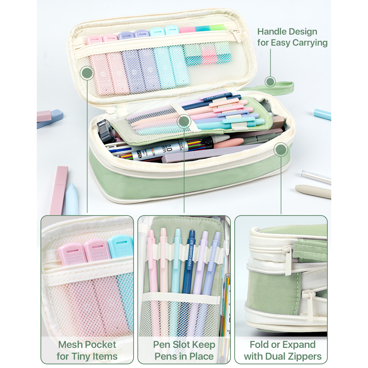 Four Candies 56-Piece Stationery Set with Pen Case, Green photo 5