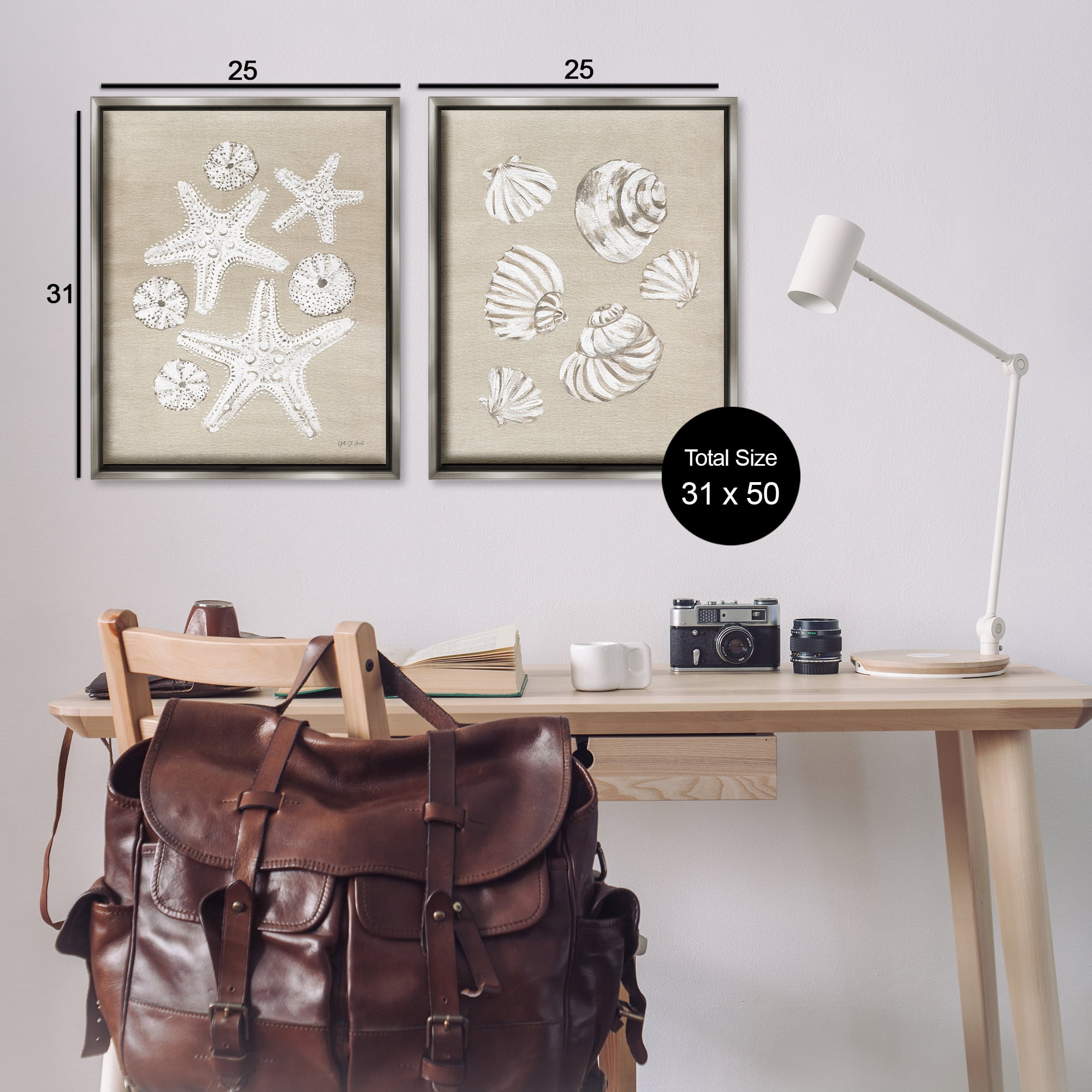 Stupell Industries Beach Treasure Starfish Shells Nautical & Beach Painting Gray Floater Framed Canvas Art Print Wall Art, 31 x 25, Set of 2