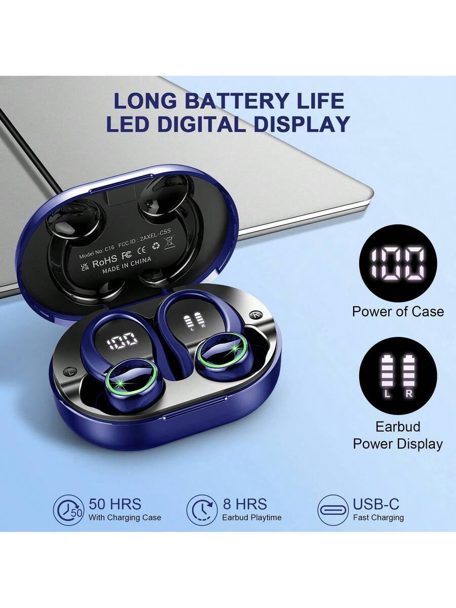 Bluetooth 5.4 Wireless Earbuds, 50H+ Playtime, ENC Noise Cancelling with 4 Mics, IPX7 Waterproof Sport Earphones with Earhooks for Running Gym