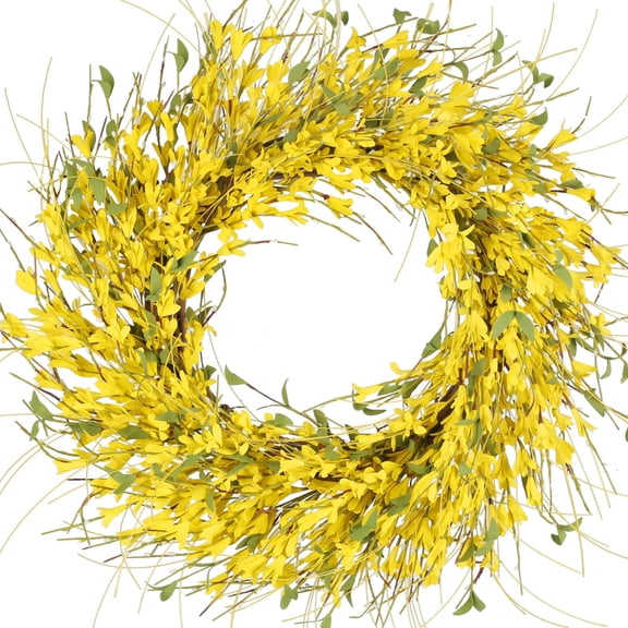 24 Inch Spring Wreaths for Front Door Large Spring Door Wreath Wild Floral Summer Forsythia Flower Wreaths Outside All Season for Farmhouse Porch Wedding Living Room Home Easter Decor (Yellow)