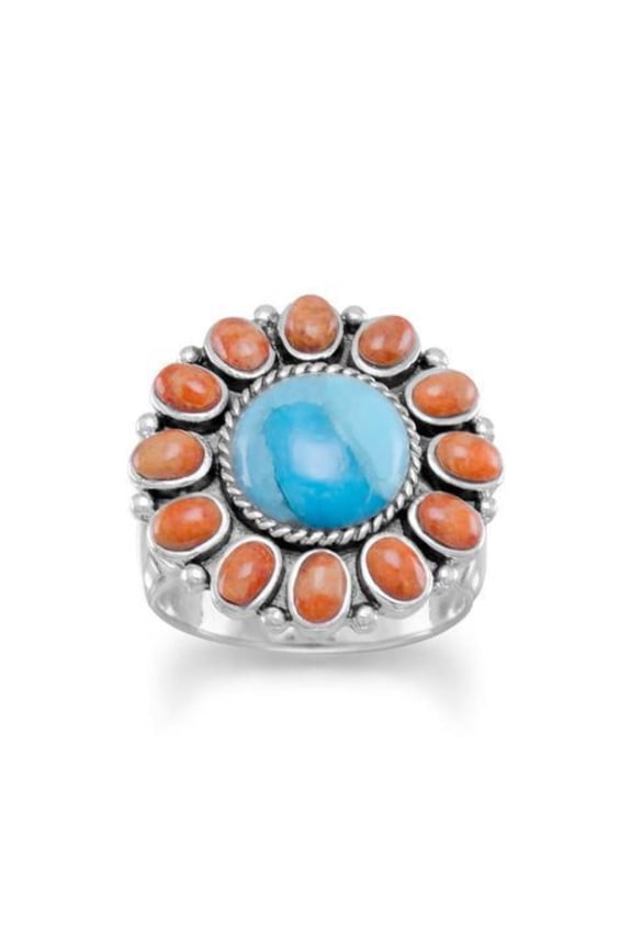 .925 Sterling Silver Reconstituted Turquoise and Coral Sunburst Women's Ring