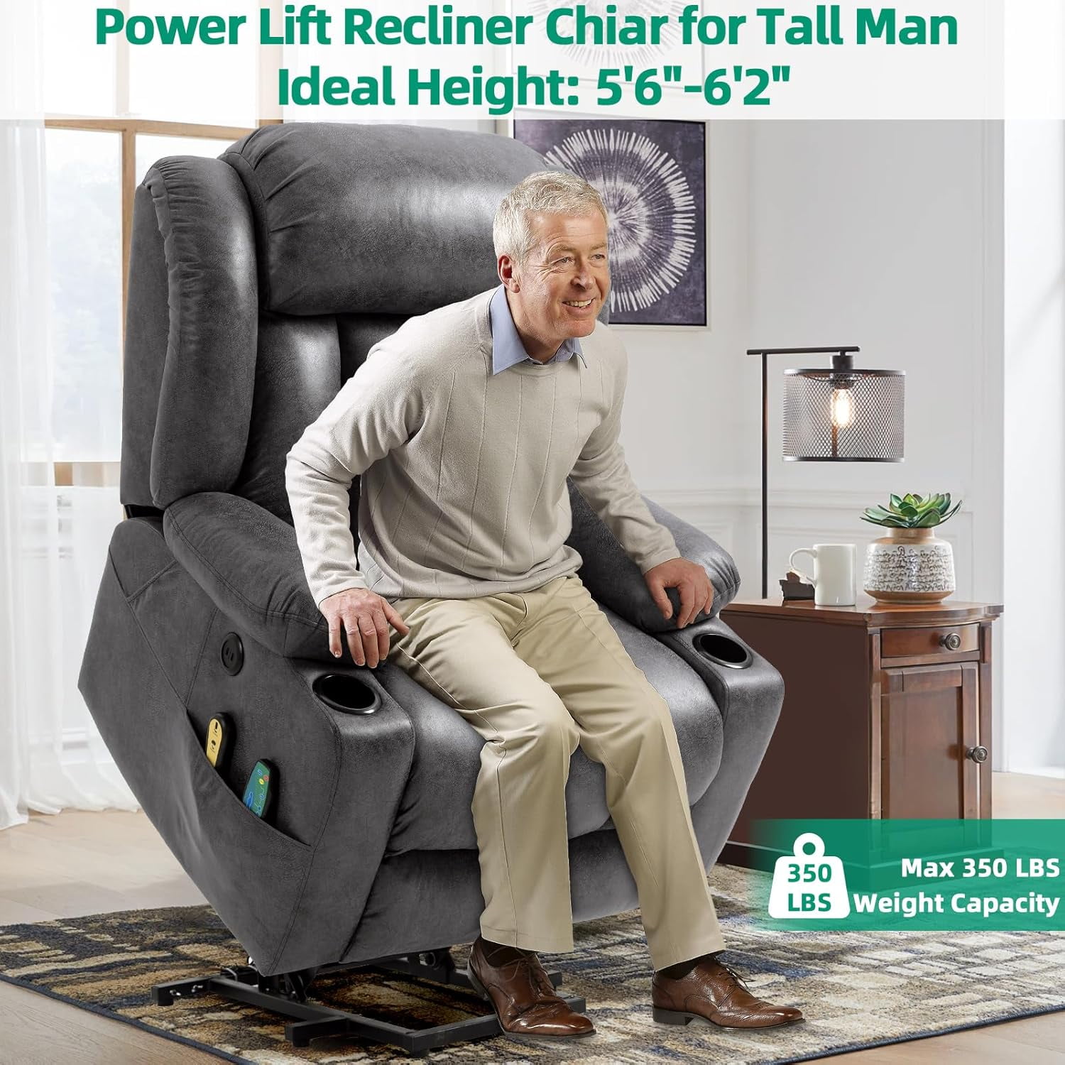 VIVIJASON Tall Man Large Power Lift Recliner Chair with Heat and Massage for Elderly, Overstuffed Wide Electric Lift Recliner with 2 Cup Holder, Extended Footrest, Side Pockets & USB Ports (Grey)