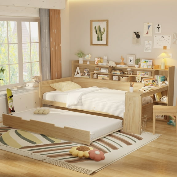 Euroco Wood Twin Size Daybed with Trundle, Storage Captain Bed with Desk and Shelves, Natural