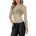 thumbnail image 4 of Mesh Sheer Tops for Women Long Sleeve Sparkly Rhinestone Party Tee Shirt Concert Outfits S Nude, 4 of 6