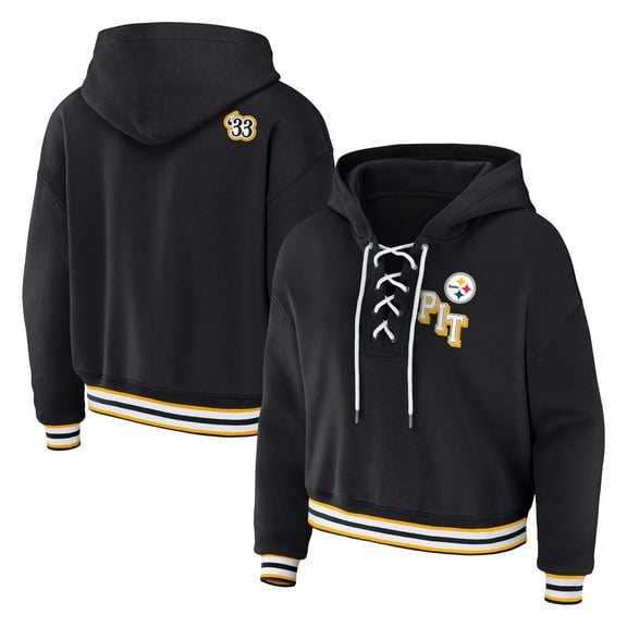 Women's WEAR by Erin Andrews Black Pittsburgh Steelers Plus Size Lace-Up Pullover Hoodie