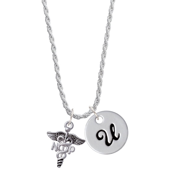 Delight Jewelry Silvertone Caduceus - NP Silvertone Script Initial Disc - U - Charm Necklace, 20"+3"