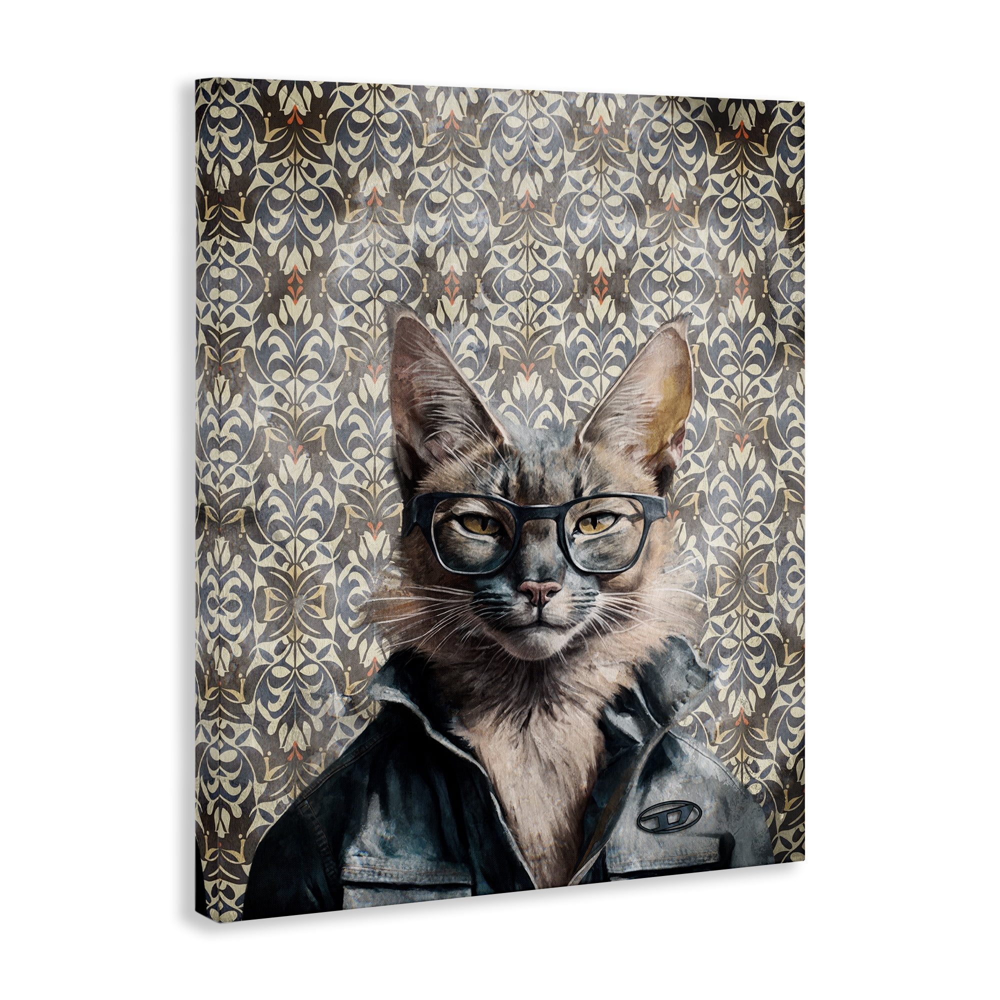 Stupell Industries Wild Cat on Damask Animals Painting Wrapped Canvas Art Print Wall Art, 16 x 20