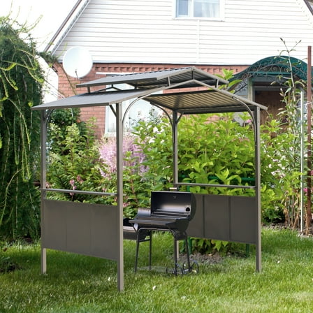 Outsunny 8'x5' BBQ Grill Gazebo with 2 Side Shelves, Outdoor Double Tiered Interlaced Polycarbonate Roof with Steel Frame, Brown