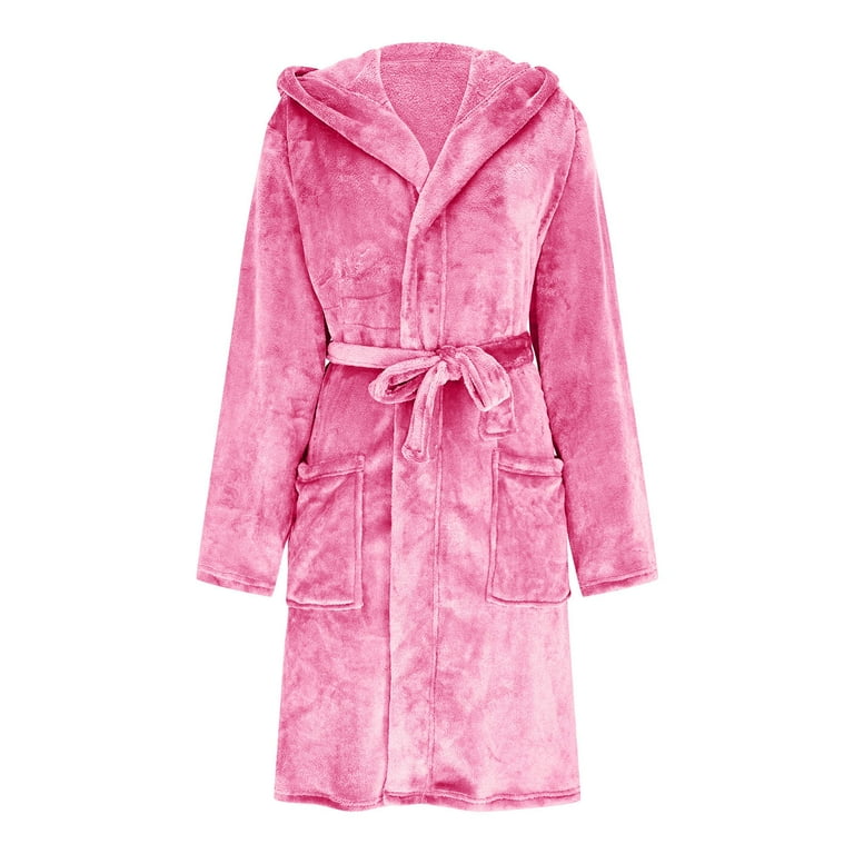 womens pink fluffy dressing gown Feancey Fleece Bathrobes for Women Hooded Plush Robes with Eye Mask Winter  Thick Warm Spa Robe Pocket Casual Fuzzy Nightgowns Hot Pink S