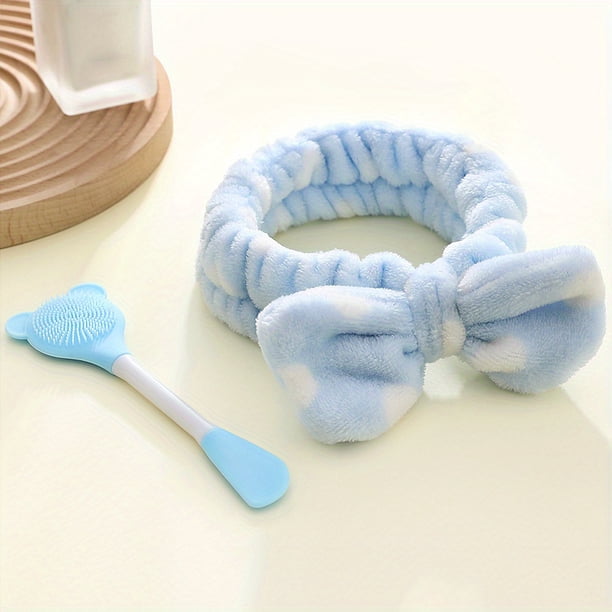 2Pcs Face Cleansing Set, 1pc Double-Ended Multifunction Cartoon Bear Design Silicone Facial Cleansing Brush & 1pc Coral Fleece Soft Bow Decor Hair Band, For Blackhead Cutin Removal, Skin Care, Dig And