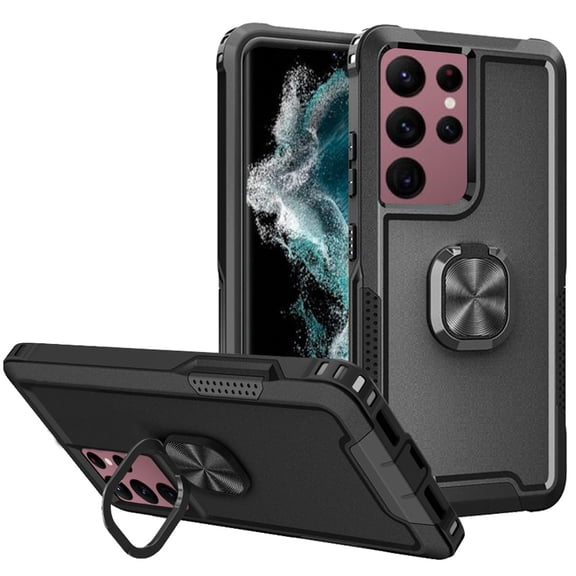 For Samsung S23 Ultra Superior 3in1 Magnetic Ring Stand Case Cover - Black