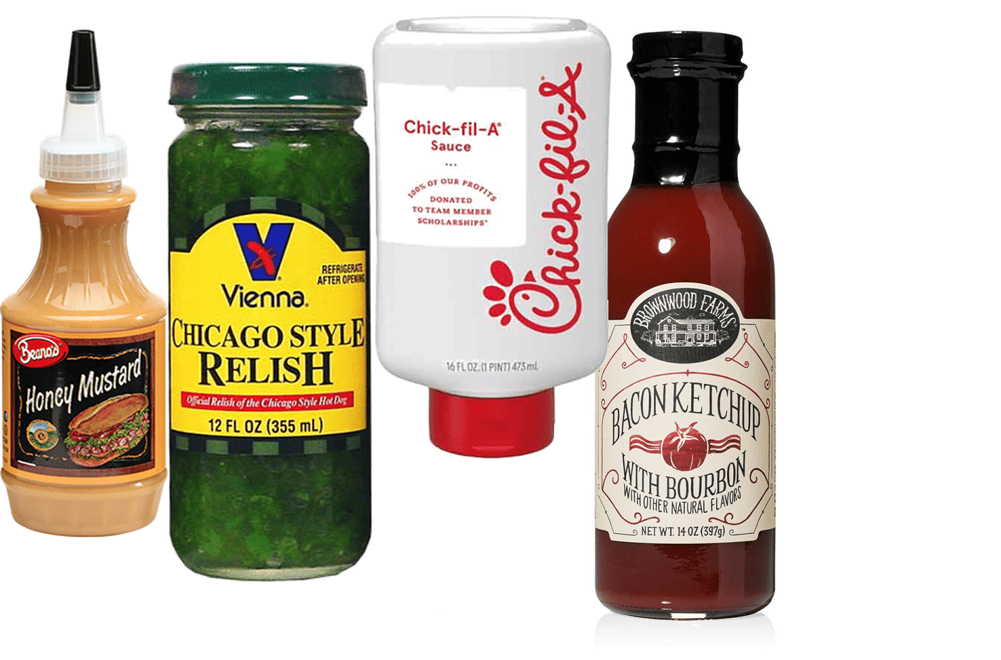 Beano's, Vienna, Chickfila, Brownwood Farms Mustard, Relish, Ketchup